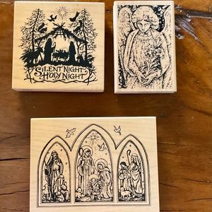 Three Rubber Stamps on Wood- Nativity Scenes & Angel